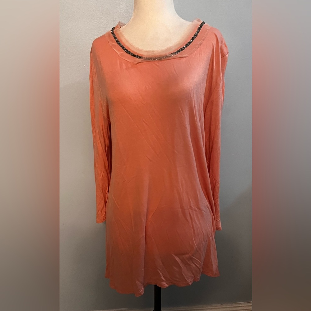 Halston, beautiful tunic with embellishments around the neck